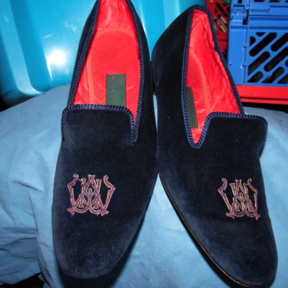 Mens Shipton & Heneage Blue Velvet Loafers Gold Embroidered Slipper Shoes Sz 13 main image 6